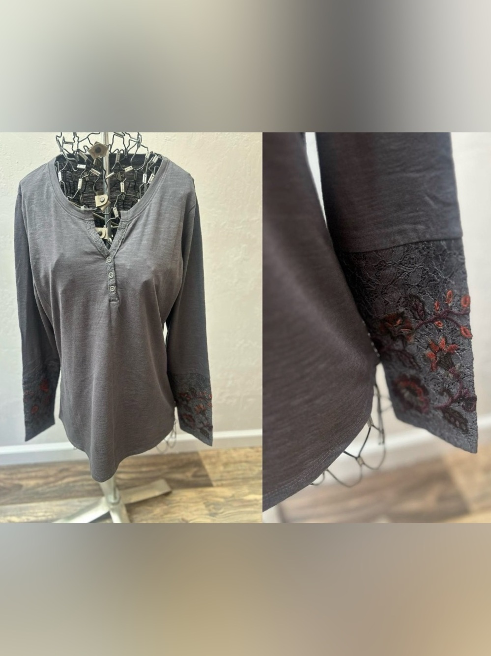 North River Outfitters Gray Henley Top Lace Sleeve Embroidered NWOT